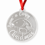 A Carpy Christmas fishing bauble with red ribbon shown on a plain white background