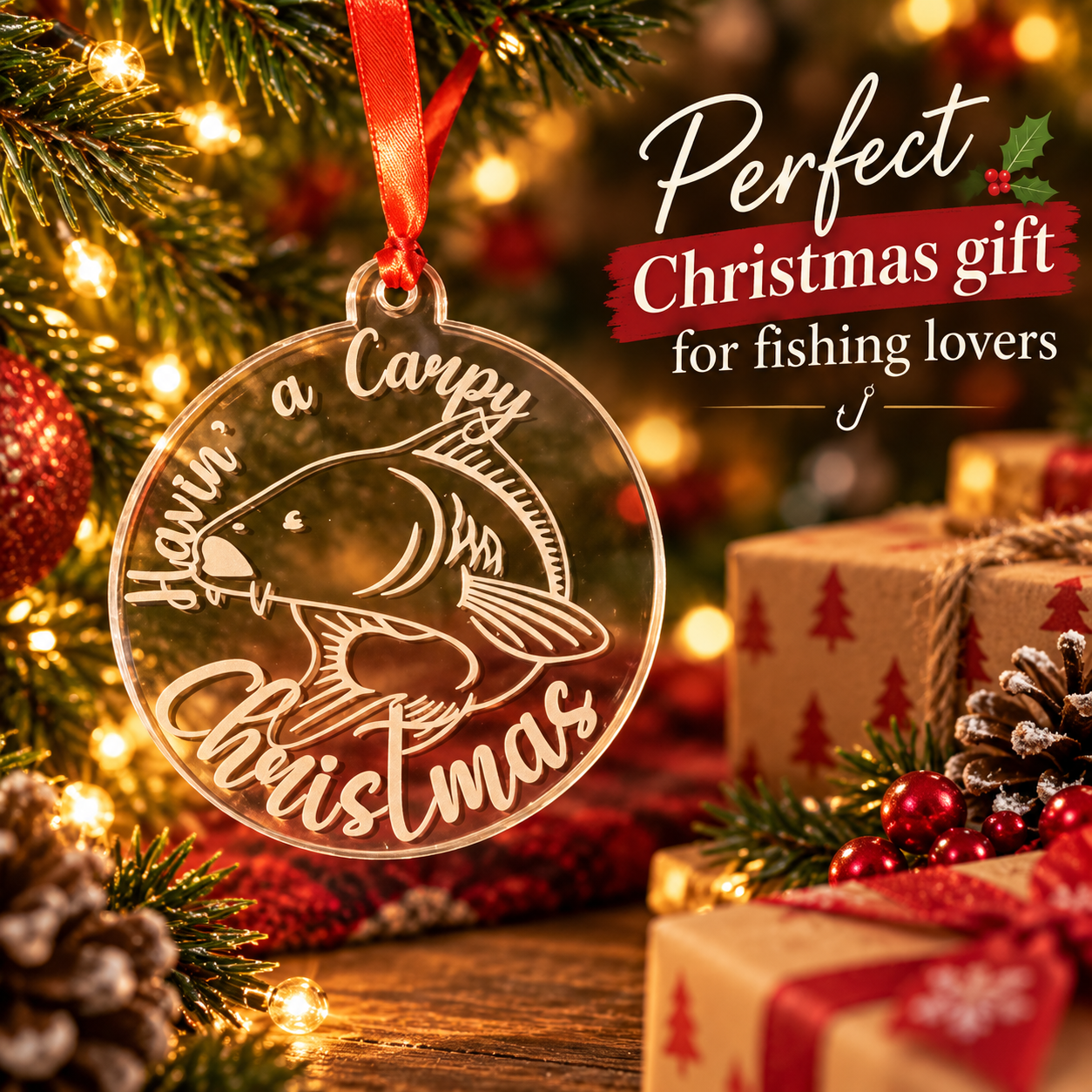 Christmas Bauble Gift for Fishing Lovers A Carpy Christmas bauble presented as a festive gift for fishing lovers