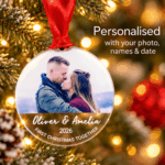 First Christmas Together photo bauble personalised with couple photo, names and date