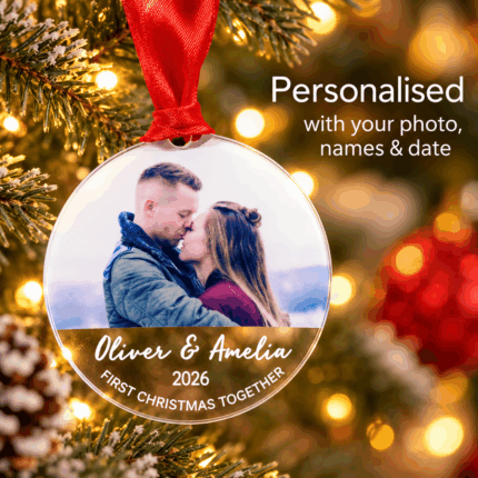 First Christmas Together photo bauble personalised with couple photo, names and date