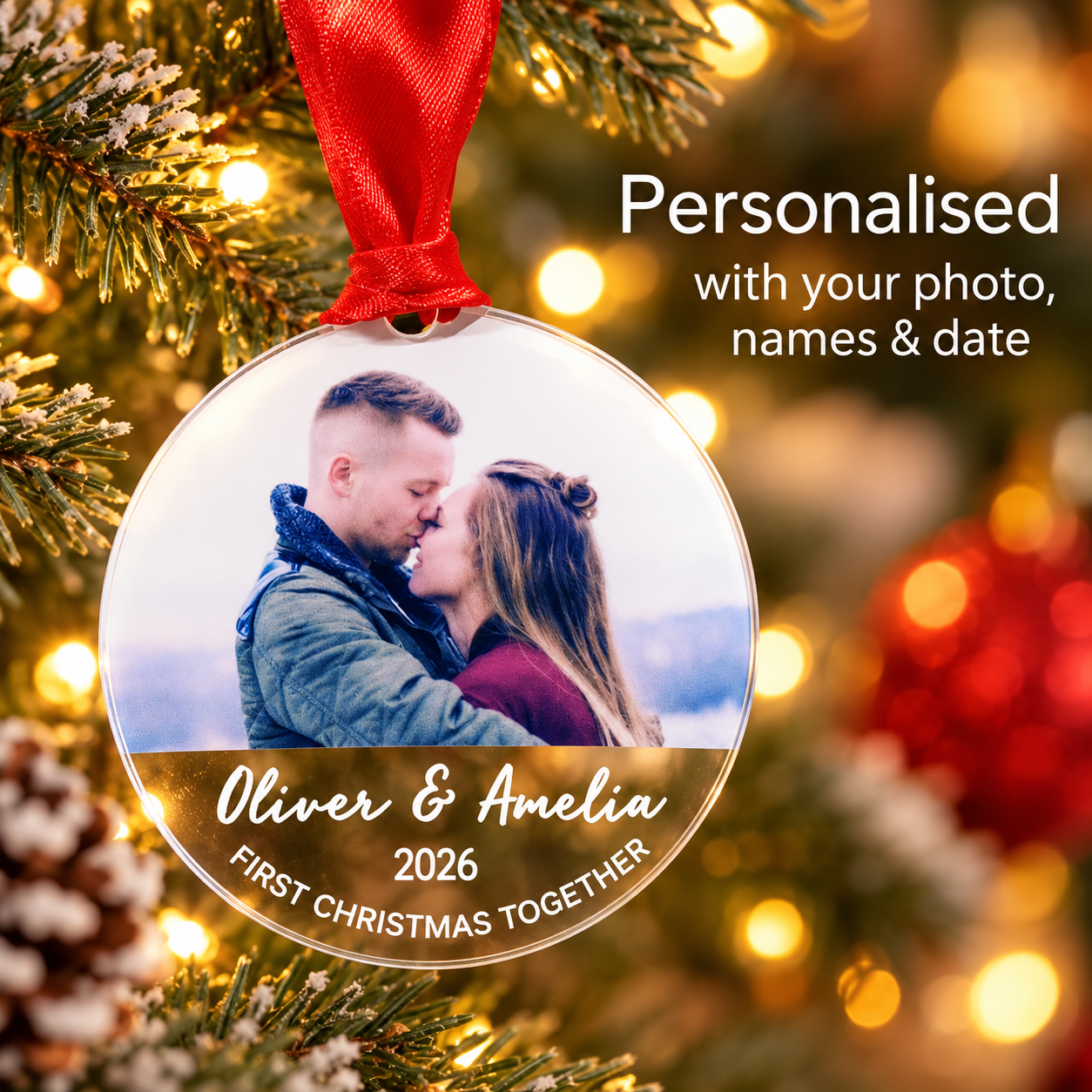 First Christmas Together Bauble Personalisation First Christmas Together photo bauble personalised with couple photo, names and date