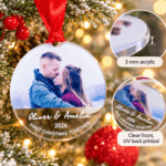 First Christmas Together acrylic bauble showing clear material, UV print and 3 mm thickness
