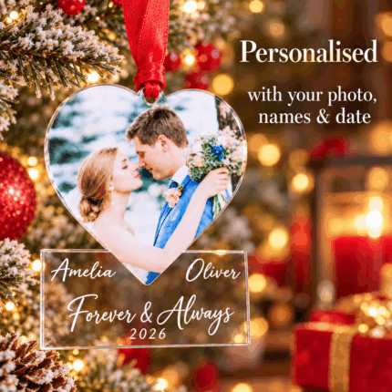 Personalised Forever & Always Christmas bauble with couple photo, names and year