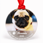 Close-up of personalised dog memorial Christmas bauble with dog photo and name