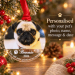 Personalised dog memorial Christmas bauble with pet photo, name, message and date