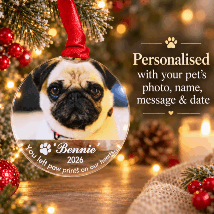 Personalised dog memorial Christmas bauble with pet photo, name, message and date