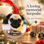 Personalised dog remembrance Christmas bauble shown as a memorial keepsake