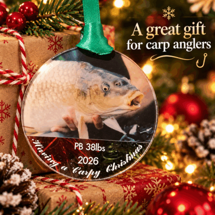 Personalised Carpy Christmas fishing bauble presented as a Christmas gift for carp anglers
