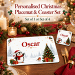 Personalised Penguin Christmas placemat and matching coaster