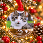 Personalised cat memorial Christmas bauble with pet photo, name, message and date