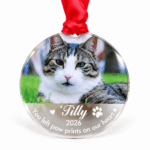 Close-up of personalised cat memorial Christmas bauble with cat photo and name
