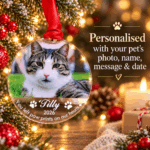 Personalised cat memorial Christmas bauble with pet photo, name, message and date