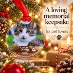 Personalised cat remembrance Christmas bauble shown as a memorial keepsake