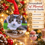 Cat memorial Christmas bauble showing personalised design and product details