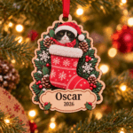 Personalised wooden cat photo Christmas bauble with pet picture, name and festive stocking design