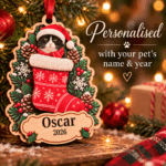 Cat in a stocking Christmas bauble personalised with your cat photo and name