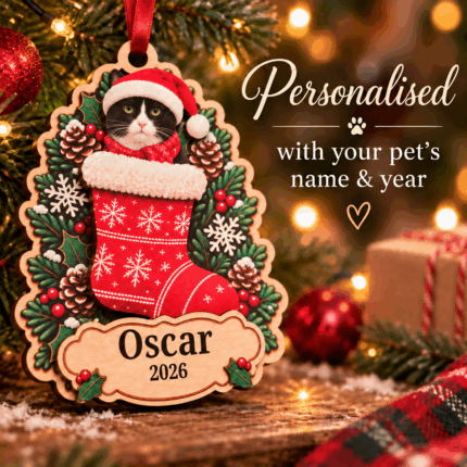 Cat in a stocking Christmas bauble personalised with your cat photo and name