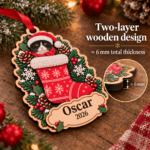 Wooden cat photo bauble showing personalised pet image, name and Christmas stocking design