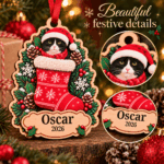 Wooden cat Christmas bauble showing layered printed design and personalised pet photo