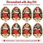 Personalised pet stocking bauble showing different cat photo options for the Christmas design