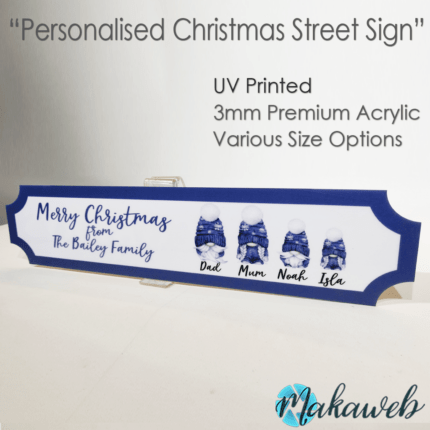 A UV printed Personalised Christmas Blue Gonks family name sign
